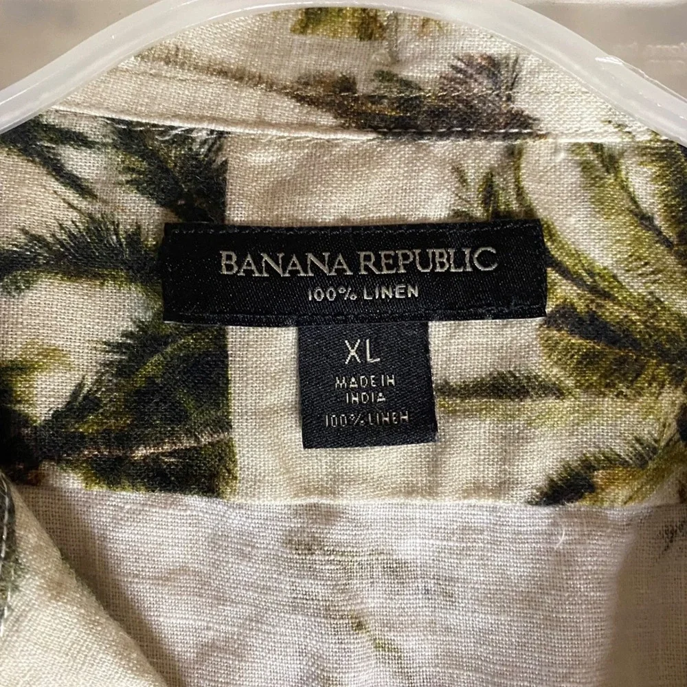 Banana Republic Mens XL 100% Linen Tropical Palm Tree Short Sleeve Shirt Beige